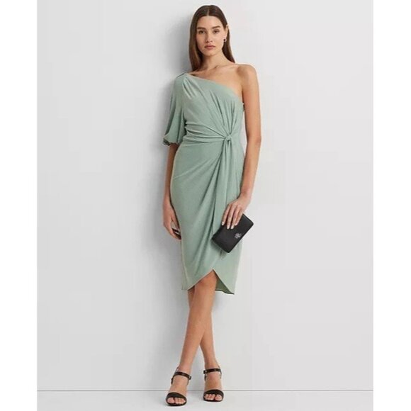 Lauren Ralph Lauren Size 12 Green Tie-waist Balloon-sleeve One Shoulder Dress - Picture 1 of 11
